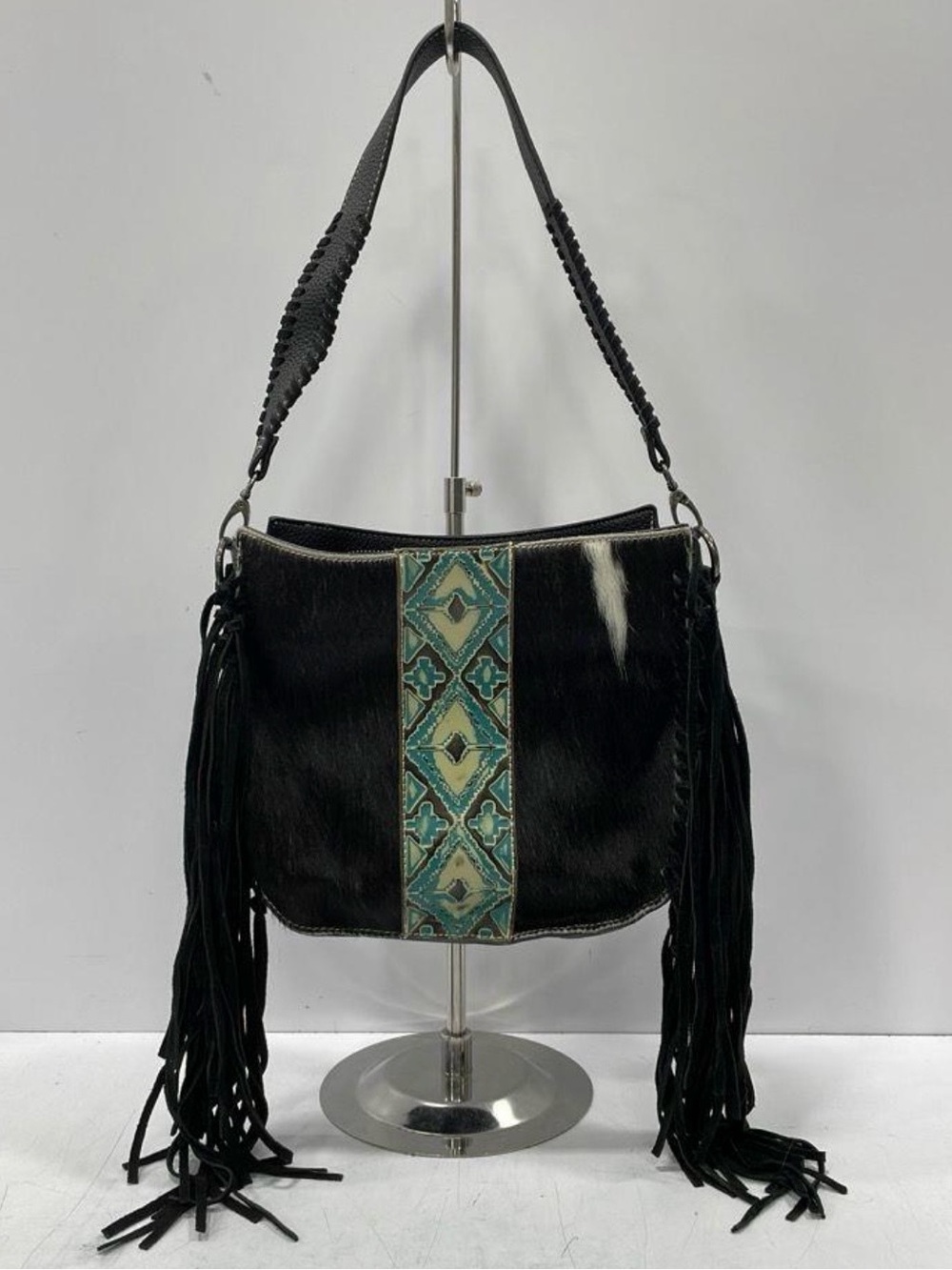 Trinity Ranch Hair-On Hide Fringe Crossbody Turquoise White Panel Conceal Carry